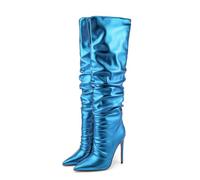 WOkismD Bottes Montantes pour Femmes, Bout Pointu, Talon Stiletto de 12 cm, élégantes, à Enfiler, Bottines à Talon Haut,Bleu,47 EU