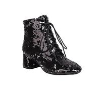 WOkismD Bottes pour Femme à Talon Bas épais, Paillettes, Cheville, Fermeture éclair, Lacets, Chaussures de fête Scintillantes pour Bal ou soirée,Noir,47 EU