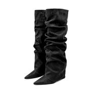 WOkismD Bottes pour Femmes à Bouts Pointus, Talons compensés plissés, Bottines,Noir,36 EU