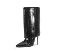 WOkismD Bottes pour Femmes à Revers plié à la Cheville, Talon Stiletto, Cuir synthétique embossé, Bout Pointu, Mode, 12CM/4,7IN,Noir,37 EU