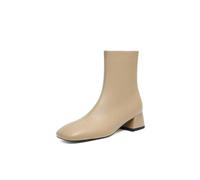 WOkismD Bottes pour Femmes à Talon Bas Kitten, Bout carré, Fermeture éclair latérale, Bottines habillées, Chaussures d'automne,Beige,42 EU
