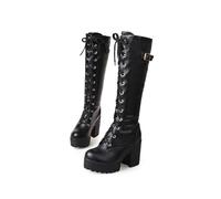 WOkismD Bottes pour Femmes à Talon Bloc épais, en Similicuir, à Lacets sur Le Devant, avec détail de Boucle, Semelle Plateforme à Crampons, Hauteur Genou,Noir,38 EU