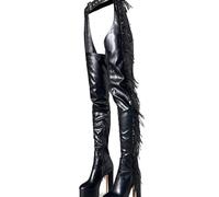 WOkismD Bottes pour Femmes au-Dessus du Genou à Franges de 14CM, Plateforme, Cuir synthétique, Fermeture éclair latérale, Ceinture à la Taille, Mode,Noir,38 EU