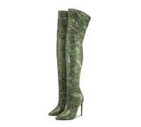 WOkismD Bottes pour Femmes Sexy jusqu'aux Cuisses de 12CM/4,7IN à Bout Pointu avec Fermeture éclair à l'arrière, Bottes pour boîte de Nuit et Danse sur Poteau,Vert,45 EU