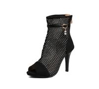 WOkismD Bottes Sandales à Talons Aiguilles Maille 10CM pour Femmes avec Fermeture Éclair, Enveloppement, Bout Ouvert, Filet, Élégantes, Mignonnes, pour Fête et Danse,Noir,36 EU