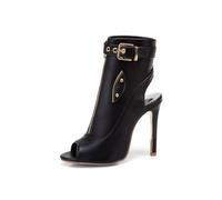 WOkismD Bottines à Bout Ouvert pour Femmes 11CM avec Fermeture éclair, Boucle, Talon Stilettos et Bride arrière,Noir,48 EU