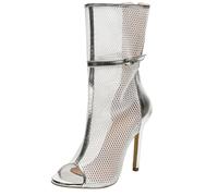 WOkismD Bottines à Talon Haut Stilettos à Bout Ouvert en Maille pour Femmes avec Boucle, Chaussures Sexy pour Club et fête,Argent,40 EU