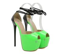 WOkismD Chaussures à Talons Aiguilles de soirée pour Femmes de 16 cm, à Plateforme, avec Bride à la Cheville, Lacets, Bout Ouvert,Vert,35 EU