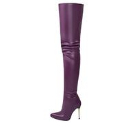 WOkismD Cuissardes en Cuir Verni pour Femmes Sexy 4,3 Pouces Talon Aiguille Extensible Fermeture à glissière latérale Cuissardes Longues Bottes Bout Pointu sur Les Bottillons au Genou,Violet,43