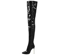 WOkismD Cuissardes en Cuir Verni pour Femmes Sexy 4,3 Pouces Talon Aiguille Extensible Fermeture à glissière latérale Cuissardes Longues Bottes Bout Pointu sur Les Bottillons au Genou,Noir,39