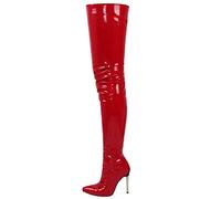 WOkismD Cuissardes en Cuir Verni pour Femmes Sexy 4,3 Pouces Talon Aiguille Extensible Fermeture à glissière latérale Cuissardes Longues Bottes Bout Pointu sur Les Bottillons au Genou,Rouge,39