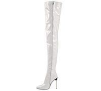 WOkismD Cuissardes en Cuir Verni pour Femmes Sexy 4,3 Pouces Talon Aiguille Extensible Fermeture à glissière latérale Cuissardes Longues Bottes Bout Pointu sur Les Bottillons au Genou,Blanc,41