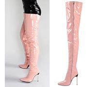 WOkismD Cuissardes en Cuir Verni pour Femmes Sexy 4,3 Pouces Talon Aiguille Extensible Fermeture à glissière latérale Cuissardes Longues Bottes Bout Pointu sur Les Bottillons au Genou,Rose,43