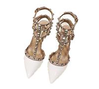 WOkismD Escarpins à Bride arrière à Bout Pointu pour Femmes Rivet à la Mode Clouté Talon Moyen Talons Blocs T-Strap Slingback Talons épais Sandales Chaussures de soirée de Mariage,Blanc,37