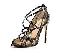 WOkismD Escarpins à Bride croisée cloutés pour Femmes Escarpins à Talons Hauts en Maille d'été Sandales à Rivets à Bout Ouvert Robe Chaussures de soirée de Mariage, Plus la Taille 34-46,Noir,44