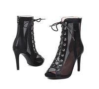 WOkismD Escarpins pour Femmes à Talon Haut de 9,5 cm, Mode, en Mesh, Lacets, Chevilles, Bouts Ouverts, Bottines de Danse,Noir,36 EU