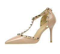 WOkismD Escarpins pour Femmes Talons mi-Hauts cloutés Chaussures d'été Bout Pointu Soirée Usage Quotidien Sandales Goujon T-Strap 3,5 Pouces Talon mi-Chaton,Marron,38