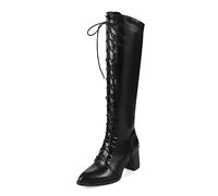 WOkismD Femmes à lacets bottes hautes en cuir PU talon épais fermeture éclair latérale bottes de mode sexy bout pointu talons bloc confort automne hiver botte chaussures habillées,Noir,40