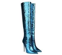 WOkismD Femmes Bottes Cuissardes À Talons Aiguilles De 4,7 Pouces, Bout Pointu Fermé, Fermeture Éclair, Talons Longs Confortables, Sexy, pour Le Port Quotidien Et Les Soirées,Bleu,35 EU