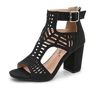 WOkismD Femmes Bout Ouvert Talons Hauts Fermeture à glissière arrière Creuse mi Bloc Talons épais Sandales Daim Boucle de Ceinture Sandales Robe de soirée Escarpins Chaussures,Noir,39