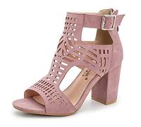 WOkismD Femmes Bout Ouvert Talons Hauts Fermeture à glissière arrière Creuse mi Bloc Talons épais Sandales Daim Boucle de Ceinture Sandales Robe de soirée Escarpins Chaussures,Rose,42