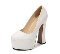 WOkismD Femmes Brevet Haut Talon Plate-Forme Chunky Bloc Talon Pompes Bout Rond Chaussures de soirée à Enfiler pour Sexy Stripper Club Pole Dance Grande Taille 35-46,Blanc,45