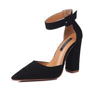 WOkismD Femmes Mary Jane Pompes Sexy Bout Pointu Cheville Sangle Gros Bloc mi-Talon Chaussures Robe en Daim Mariage Shopping 3 Pouces,Noir,34
