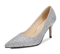 WOkismD Femmes Paillettes Pointues Talons Hauts Talons Fins Talons Hauts Chaussures antidérapantes Confortables Robe de mariée Mode Chaussures de mariée 8cm,Argent,37