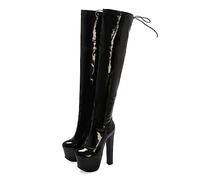 WOkismD Femmes plate-forme bout rond talons épais au-dessus du genou bottes hautes en cuir verni cuissardes sexy mode bloc talons fermeture à glissière latérale pôle danse chaussures,Noir,36