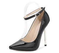 WOkismD Femmes Sexy Bout Pointu Talons Hauts avec Bride à la Cheville en Cuir Verni Escarpins Talons Aiguilles en métal à Talons habillés fête de Mariage Chaussures de Bal 5 Pouces,Noir,38