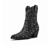 WOkismD Femmes Strass Cowboy Bottes Mi-Velau Bout Pointu Sparkly Bloc Talon Cowgirl Bottes avec Pull on Tabs,Noir,39 EU