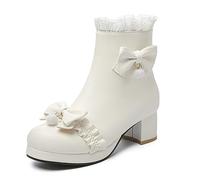 WOkismD Femmes Sweet Lolita Plate-Forme Bottes À Talons À Lacets Bottines Chunky Talon Haut Cosplay Party Chaussures Lolita Bout Rond Noeud Bottines Mignonnes,Blanc,40