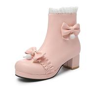 WOkismD Femmes Sweet Lolita Plate-Forme Bottes À Talons À Lacets Bottines Chunky Talon Haut Cosplay Party Chaussures Lolita Bout Rond Noeud Bottines Mignonnes,Rose,40