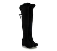WOkismD Femmes Talon compensé sur Les Bottes au Genou en Daim Fausse Fourrure compensées Cuissardes à Lacets Chaud Automne Hiver Neige Bottes Longues,Noir,38