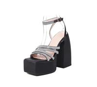 WOkismD Sandales à Plateforme pour Femmes de 14,5 cm avec Strass Noirs, Bout carré et Talon épais,Noir,39 EU