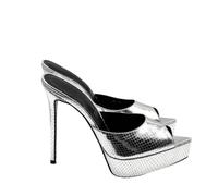 WOkismD Sandales à talon aiguille à plateforme pour femme - Confortables à enfiler - Bout ouvert - Mules d'été - Robe de fête, Argenté., 37 EU