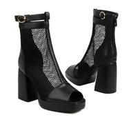 WOkismD Sandales à Talon épais en Bloc 9CM pour Femmes, avec découpe en Mesh, Fermeture éclair, Sangle et Boucle, Bottines à Plateforme d'été.,Noir,39 EU