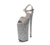 WOkismD Sandales à Talons Hauts de 26 cm/10 Pouces pour Femmes, Plateforme, Stilettos, Chaussures de Pole Dance,Argent,38 EU