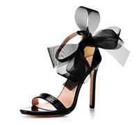 WOkismD Sandales à Talons Hauts pour Femmes avec Dentelle en Maille nœuds décoration de nœud Bout Ouvert Bride à la Cheville Robe Sexy Mariage Chaussures de fête de mariée,Noir,39