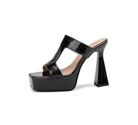 WOkismD Sandales à Talons pour Femmes 12CM, Plateforme, à Bout Ouvert, à Enfiler, Talons carrés,Noir,34 EU