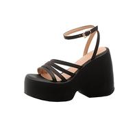 WOkismD Sandales Compensées pour Femmes 12,5CM à Lanière à la Cheville, Sandales Compensées, Doigt de Pied Ouvert, Été Décontracté,Noir,34 EU