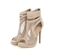 WOkismD Sandales en Maille pour Femmes 12CM, Bottines d'été, Fermeture à glissière, Bout Ouvert, Talons Kitten Sexy, Chaussures de Mariage et de fête Nuptiale,Beige,34 EU