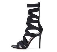 WOkismD Sandales Hautes à Talons Aiguilles pour Femmes, Bout Ouvert, avec Bretelles élastiques, Bottes Courtes Creuses à Fermeture éclair, Chaussures habillées d'été,Noir,46
