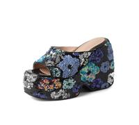 WOkismD Sandales Mule à Plateforme compensée pour Femmes avec Sequins, Bout Ouvert, à Enfiler, Talons compensés épais, Chaussures étincelantes pour fêtes et Festivals,Bleu,36 EU