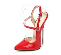 WOkismD Slingback Talons Hauts Femmes Talons Pointus Escarpins en Cuir Verni Bride À La Cheville Stiletto Show Robe De Soirée Soirée Discothèque Talons Métalliques Chaussures,Rouge,44