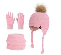 Wokuaile Ensemble Bonnet Écharpe Gant Enfant Hiver Tricoté Tour de Cou Chaud Gant Écran Tactile Set de 3 Pièces pour Fille Garçon Mélange de Roses