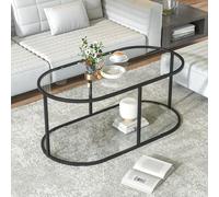 Wolawu Table basse en verre noir pour salon, table centrale ovale à 2 niveaux avec cadre en métal robuste, table d'appoint moderne en verre trempé pour chambre à coucher, bureau à domicile