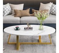 Wolawu Table basse ovale en imitation marbre blanc pour salon, table basse moderne pour petit espace, table d'appoint en bois avec pieds robustes en métal doré