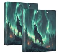 Wolf Howling Northern Lights Lot de 2 classeurs à 3 anneaux en D A4 avec 200 feuilles pour enfants, fournitures scolaires, femmes et hommes