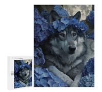 Wolf Moon Blue Flowers, 500 PCS Puzzle-Image en Bois, Cadeau De Fin D’année, avec Une Image Décorative Une Fois Terminé